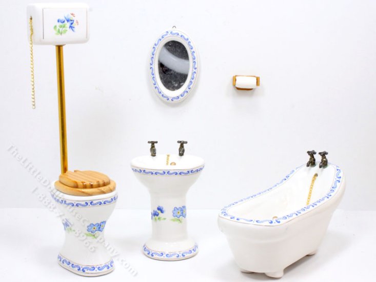 (image for) Miniature 5pc White and Blue Bathroom Set for Dollhouses