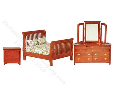 (image for) Miniature 3pc Walnut Slat Bedroom Set for Dollhouses