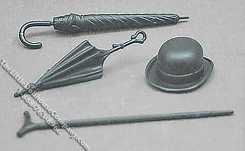 (image for) Miniature Umbrella, Parasol, Bowler Hat, & Cane for Dollhouses
