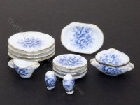 (image for) Vintage Miniature 14 Piece Blue Flow Dinner Set for Dollhouses