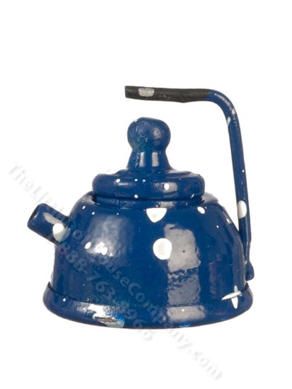 (image for) Miniature Blue Spatterware Kettle for Dollhouses