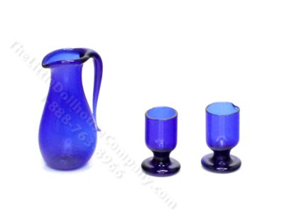 (image for) Miniature Blue Glass Pitcher and Glasses for Dollhouses