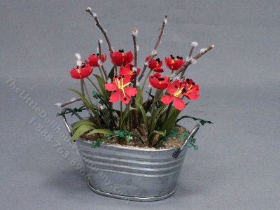 (image for) Miniature Red Tulips in a Metal Tub for Dollhouses