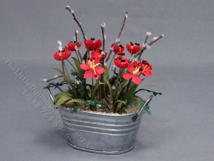 (image for) Miniature Red Tulips in a Metal Tub for Dollhouses