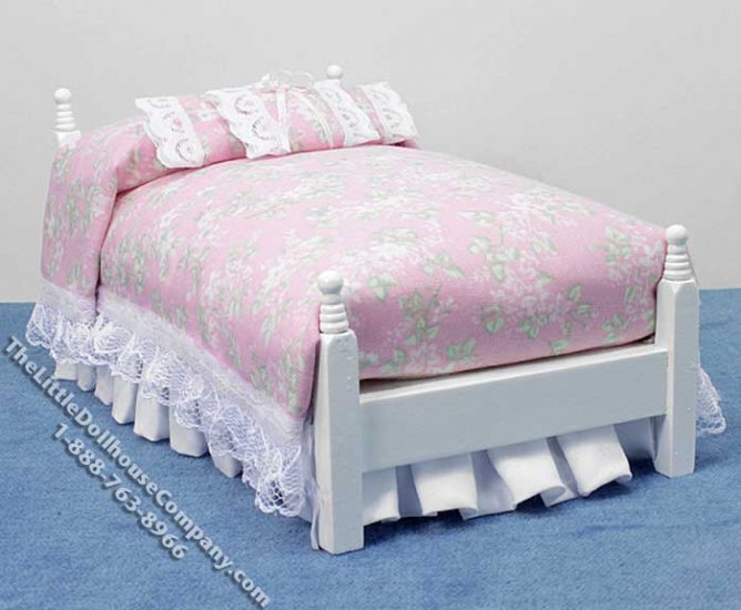 (image for) Miniature White Wooden Decorated Bed for Dollhouses