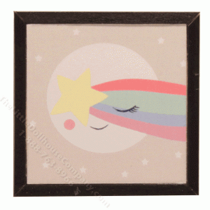 (image for) Miniature Square Print on Wood of Cartoon Moon and Shooting Star