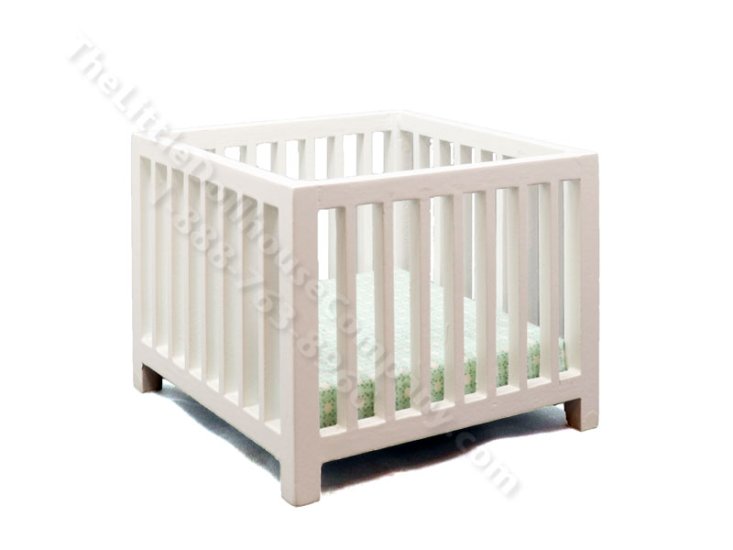 (image for) Miniature White Slatted Play Pen with Blue Fabric