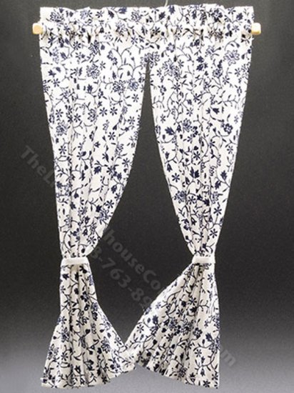 (image for) Miniature Tie Back Curtains: White with Blue Vine/Flower Design for Dollhouses