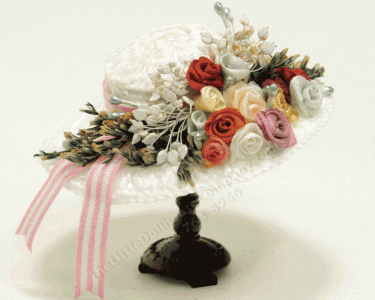 (image for) Miniature White Straw Hat With Silk Roses and Ferns