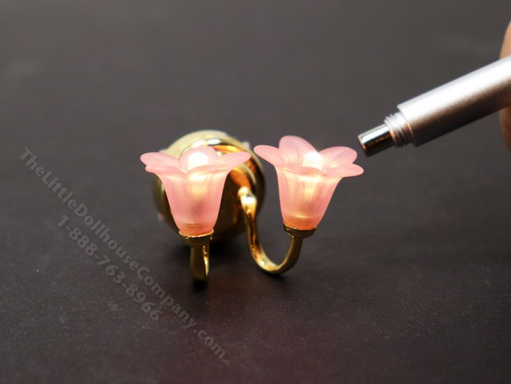 (image for) Miniature LED Battery Double Wall Sconce w/ Pink Tulip Shade with Wand for Dollhouse
