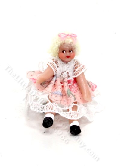 (image for) Miniature Little Girl Doll in Fun Pattern Dress