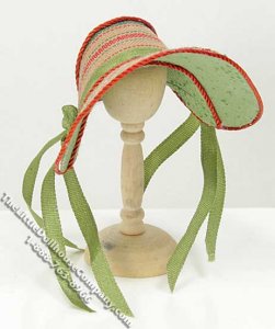 (image for) Miniature Brown Bonnet w/Green Ribbon Strap for Dollhouses