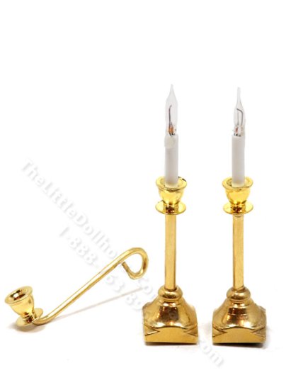(image for) Miniature 12V Gold Candlesticks with Candle Snuffer Set for Dollhouses
