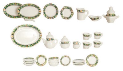 (image for) Miniature Porcelain w/Green Trim 35pc Tea Set for Dollhouses