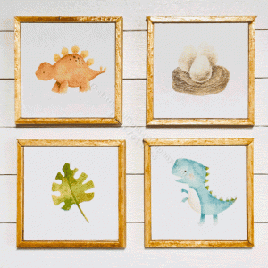 (image for) Miniature Dinosaur Themed Four Piece Framed Print Set