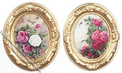(image for) Miniature Gold Oval Frames of Painted Flowers for Dollhouses 2pk