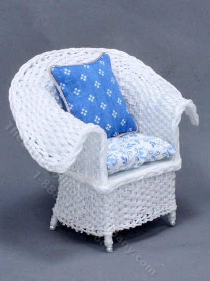 (image for) Miniature White Wicker Chair with Blue Cushions for Dollhouses