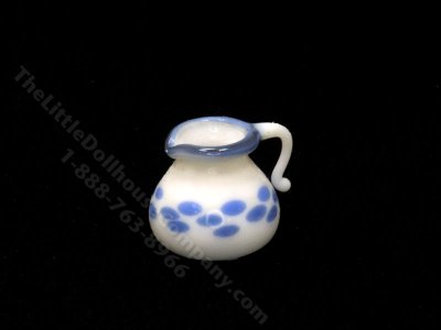(image for) Dollhouse Scale Model White Blue Speckled Short Glass Pitcher