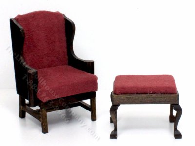 (image for) Miniature Suede Wing Chair & Ottoman for Dollhouses