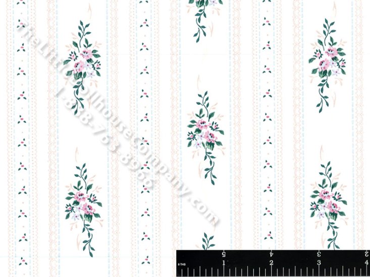 (image for) Pink Floral Ribbon Stripe Miniature Wallpaper for Dollhouses