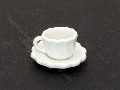 (image for) Miniature White Scalloped Teacup and Saucer for Dollhouses