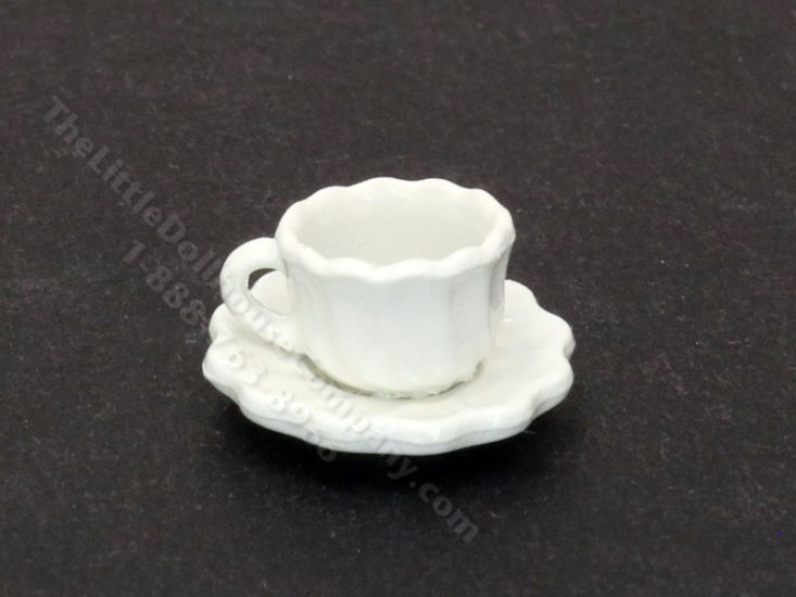 (image for) Miniature White Scalloped Teacup and Saucer for Dollhouses