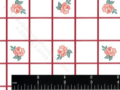 (image for) Red Grid with Flowers Miniature Wallpaper for Dollhouses