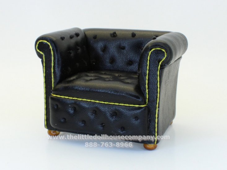 (image for) Dollhouse Miniature Leather Buttoned Arm Chair - Black