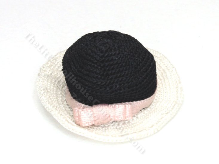 (image for) Miniature Black and White Handmade Sun Hat with Pink Ribbon