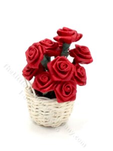 (image for) Miniature Red Roses in a Woven Basket for Dollhouses