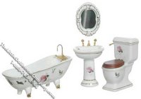 (image for) Miniature White w/Roses Porcelain Bath Set for Dollhouses