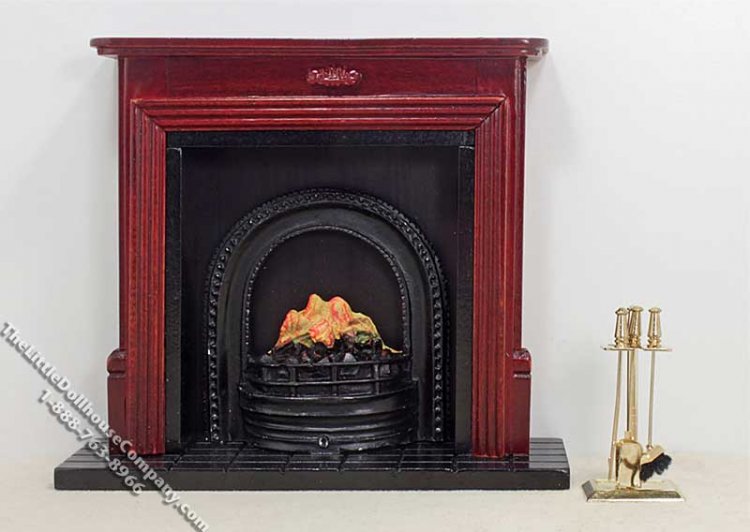 (image for) Dollhouse Scale Model Mahogany Fireplace with Brass Tools