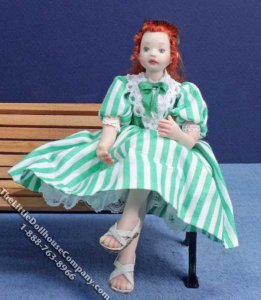 (image for) Girl with Red Hair in Green Striped Dress for Dollhouses