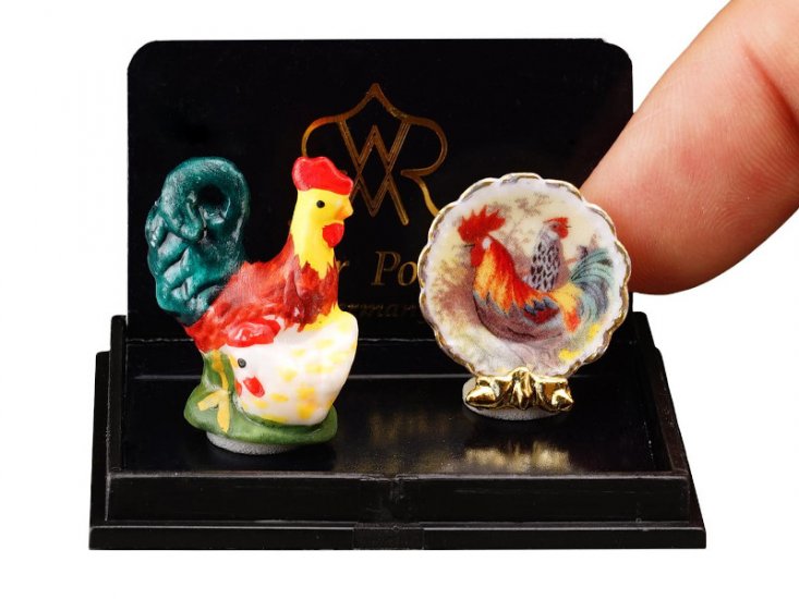 (image for) Miniature Deco Set Cock Figurine and Plate for Dollhouses