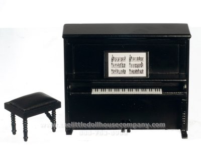 (image for) Miniature Black Upright Piano with Bench for Dollhouses