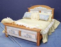 (image for) Miniature Oak Bed with Yellow Gingham Bedding for Dollhouses