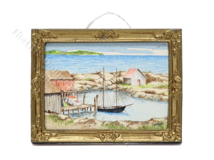 (image for) Vintage Miniature Signed Watercolour Painting by A. Robinson 1990 - "Peggy's Cove"
