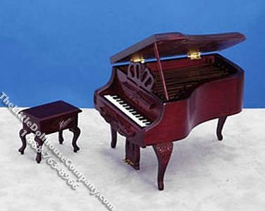 (image for) Miniature Mahogany Piano with Bench for Dollhouses