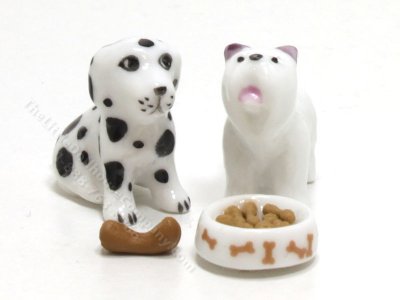 (image for) Miniature Porcelain Dogs with Food Bowl and Bone