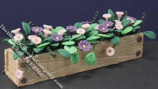 (image for) Miniature Pink/Purple Flowers in Wooden Dollhouse Window Box