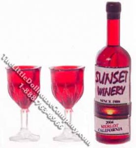 (image for) Dollhouse Scale Model Red Wine Bottle with two Goblets