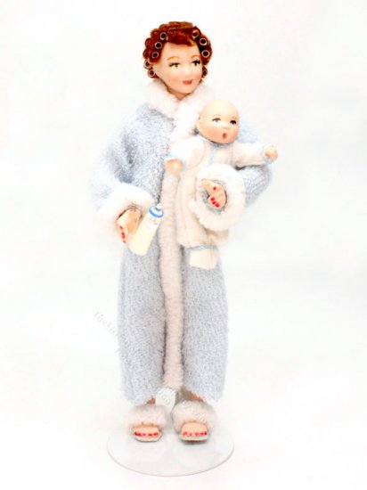 (image for) Porcelain Doll in Robe w Baby and Bottle by Cindy's Dolls