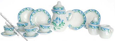 (image for) Miniature Light Green Floral 17pc Tea Set for Dollhouses