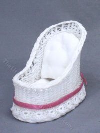 (image for) Miniature White Wicker Bassinet with Pink Trim for Dollhouses