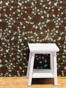 (image for) Dollhouse Scale Model Wallpaper -Brown + White Flowers- 3pc Set