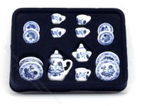 (image for) Miniature 17pc Tea Set White & Blue Pattern for Dollhouses