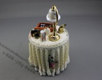 (image for) Dollhouse Miniature Rose Skirted Table with Lamp