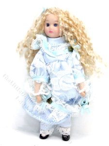 (image for) Miniature Little Girl in Blue Lace Dress for Dollhouses