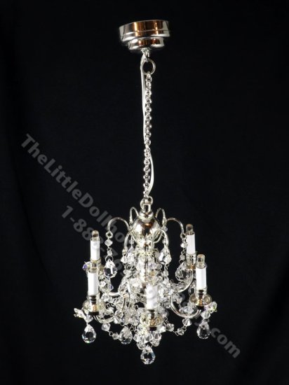 (image for) Miniature Battery Operated 6-Arm Brass and Crystal Chandelier - SILVER