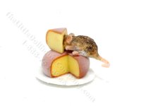 (image for) Dollhouse Scale Model Mouse Eating Cheese Wedge on Plate